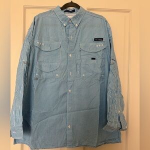 Columbia Blue Casual Button Down Shirt Lightweight Cotton